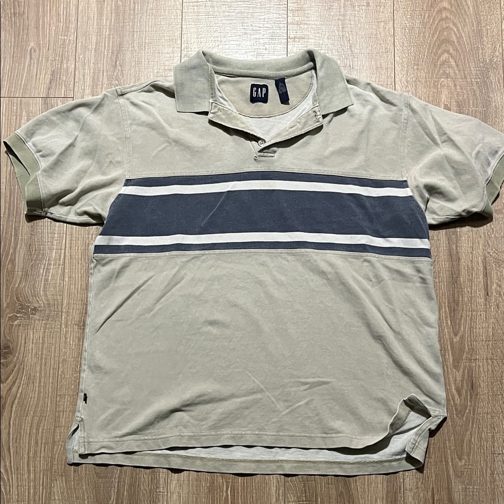 GAP Vintage Men's Beige Polo with Navy and White Stripes Size L